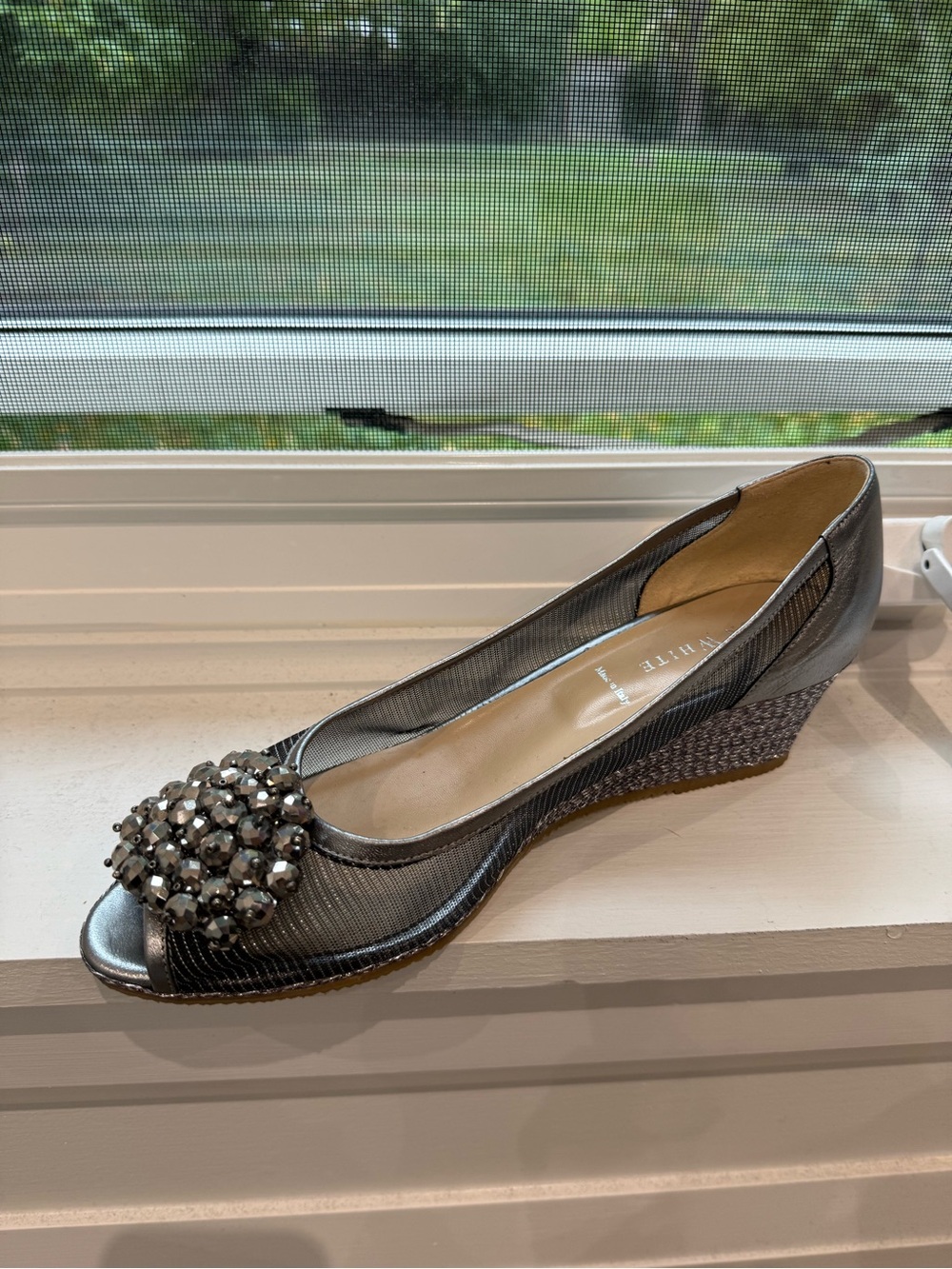 New Ron white Gunmetal Mesh Ballet wedge with Crystal Toe
